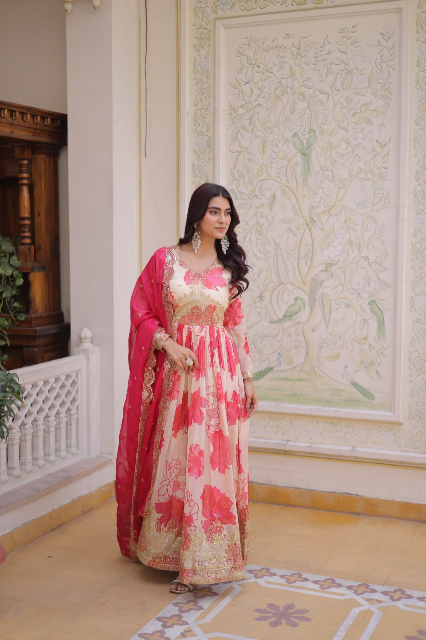 Pink Digital Printed Silk Anarkali Gown