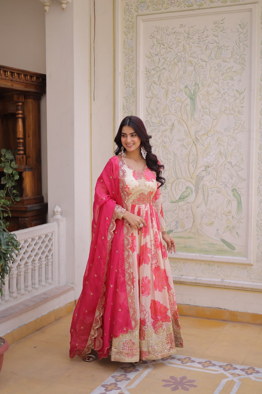 Pink Digital Printed Silk Anarkali Gown
