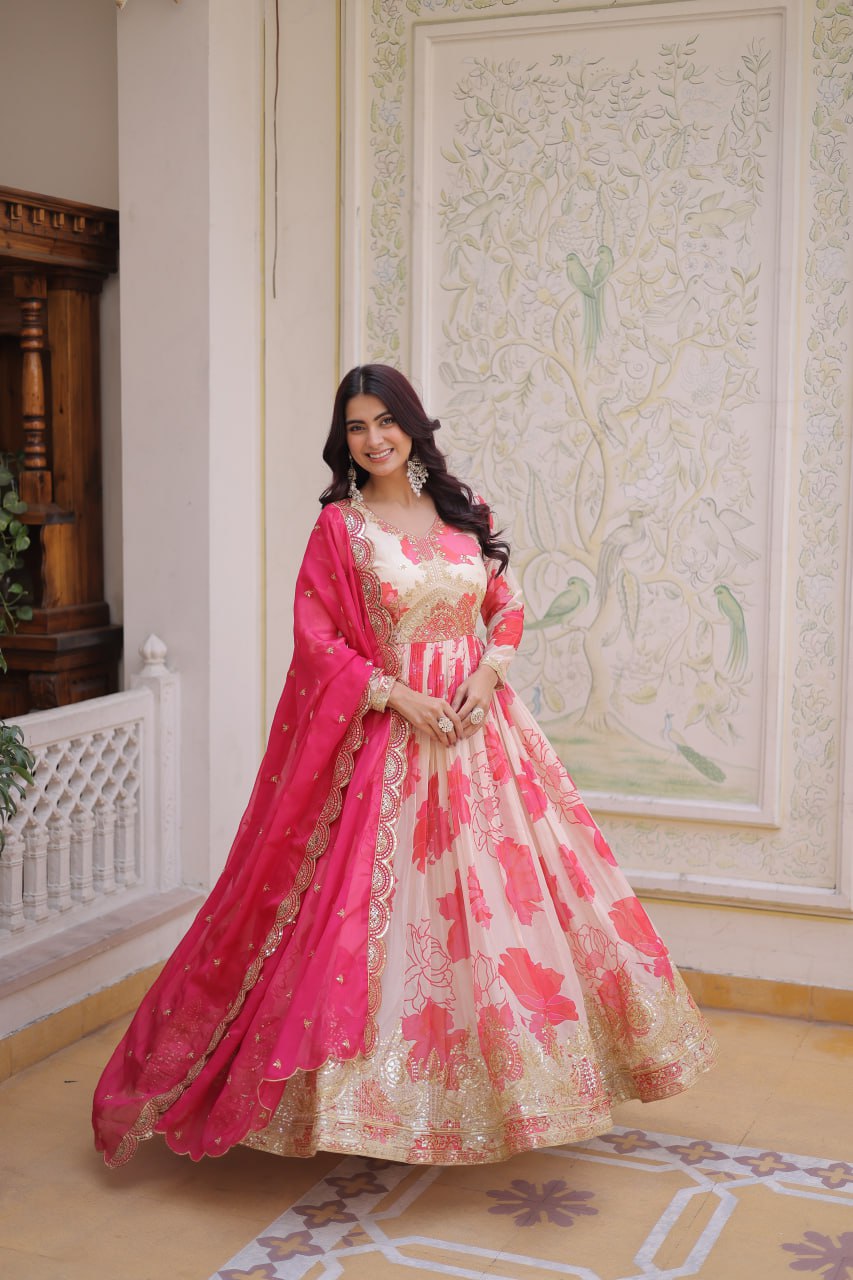 Pink Digital Printed Silk Anarkali Gown