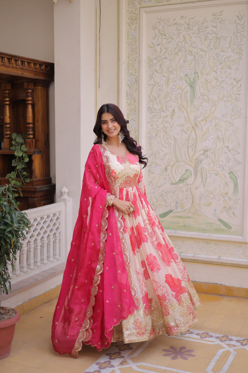 Pink Digital Printed Silk Anarkali Gown