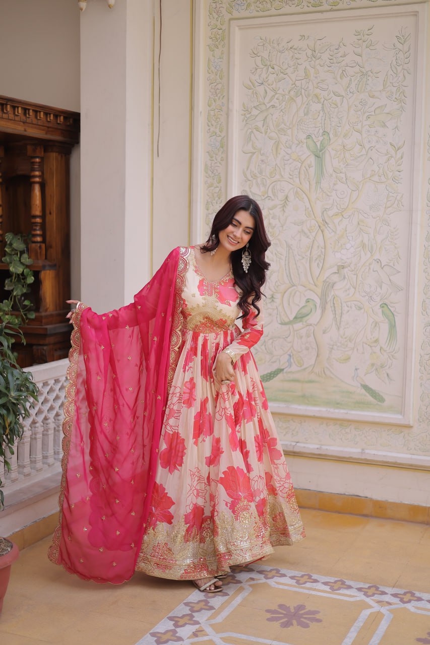 Pink Digital Printed Silk Anarkali Gown
