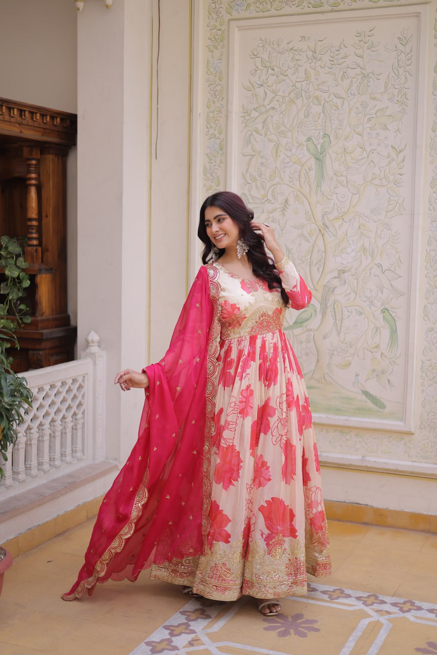 Pink Digital Printed Silk Anarkali Gown