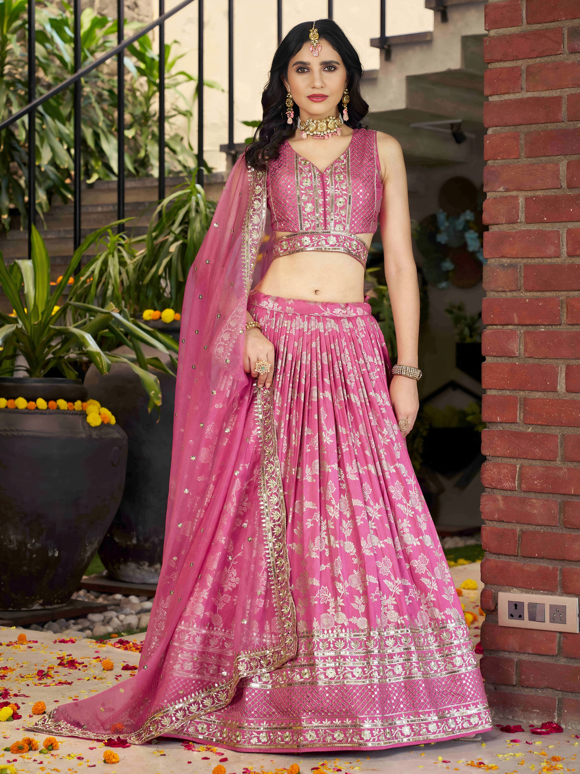 Pink Dola Silk Jacquard Embroidered Lehenga Choli