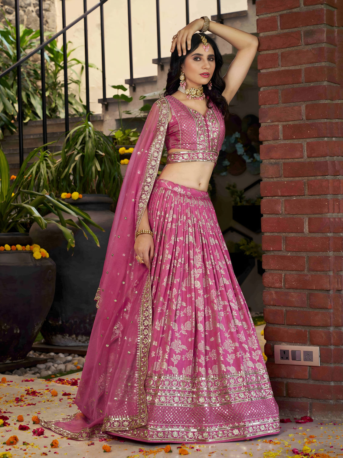 Pink Dola Silk Jacquard Embroidered Lehenga Choli