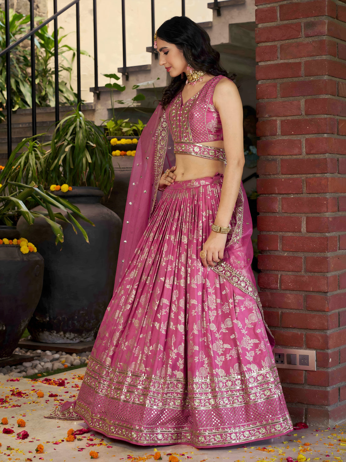 Pink Dola Silk Jacquard Embroidered Lehenga Choli