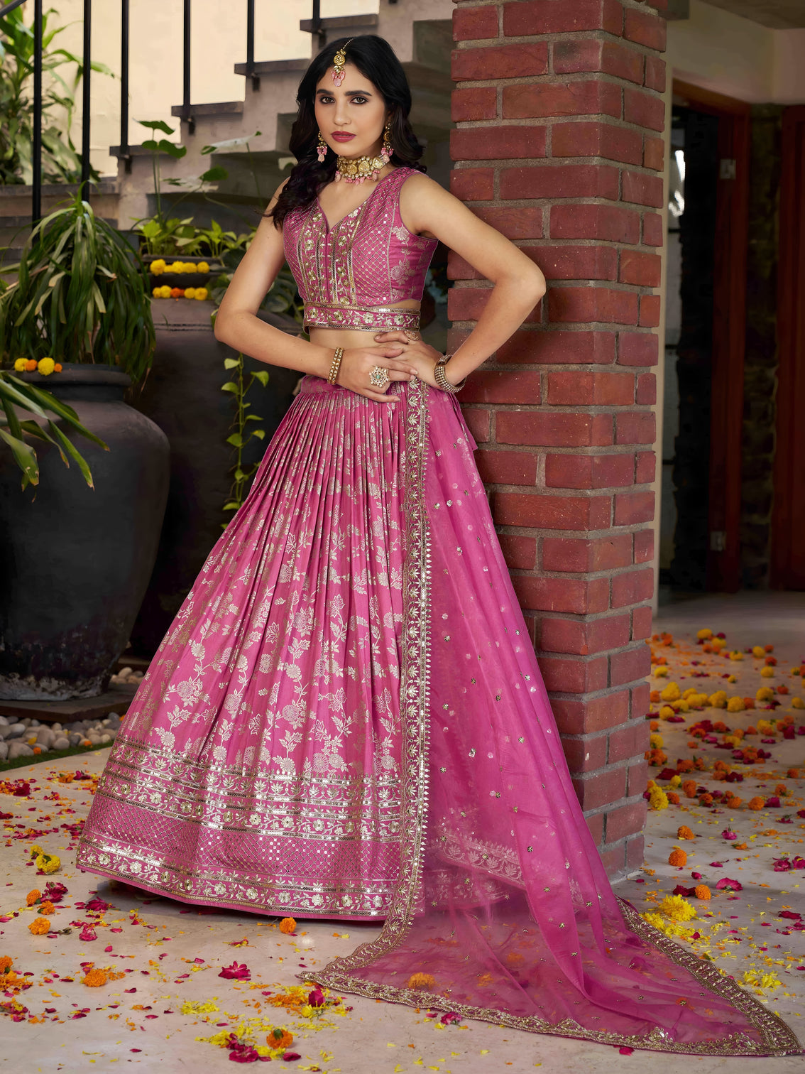Pink Dola Silk Jacquard Embroidered Lehenga Choli