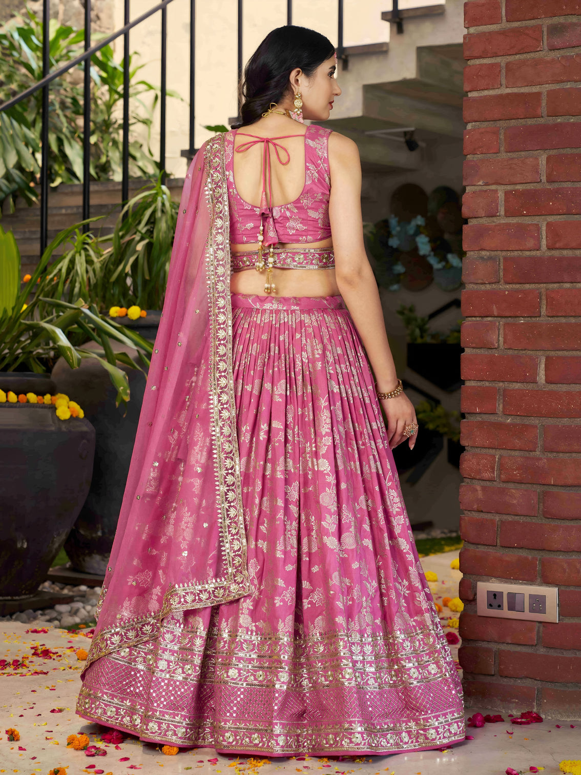 Pink Dola Silk Jacquard Embroidered Lehenga Choli