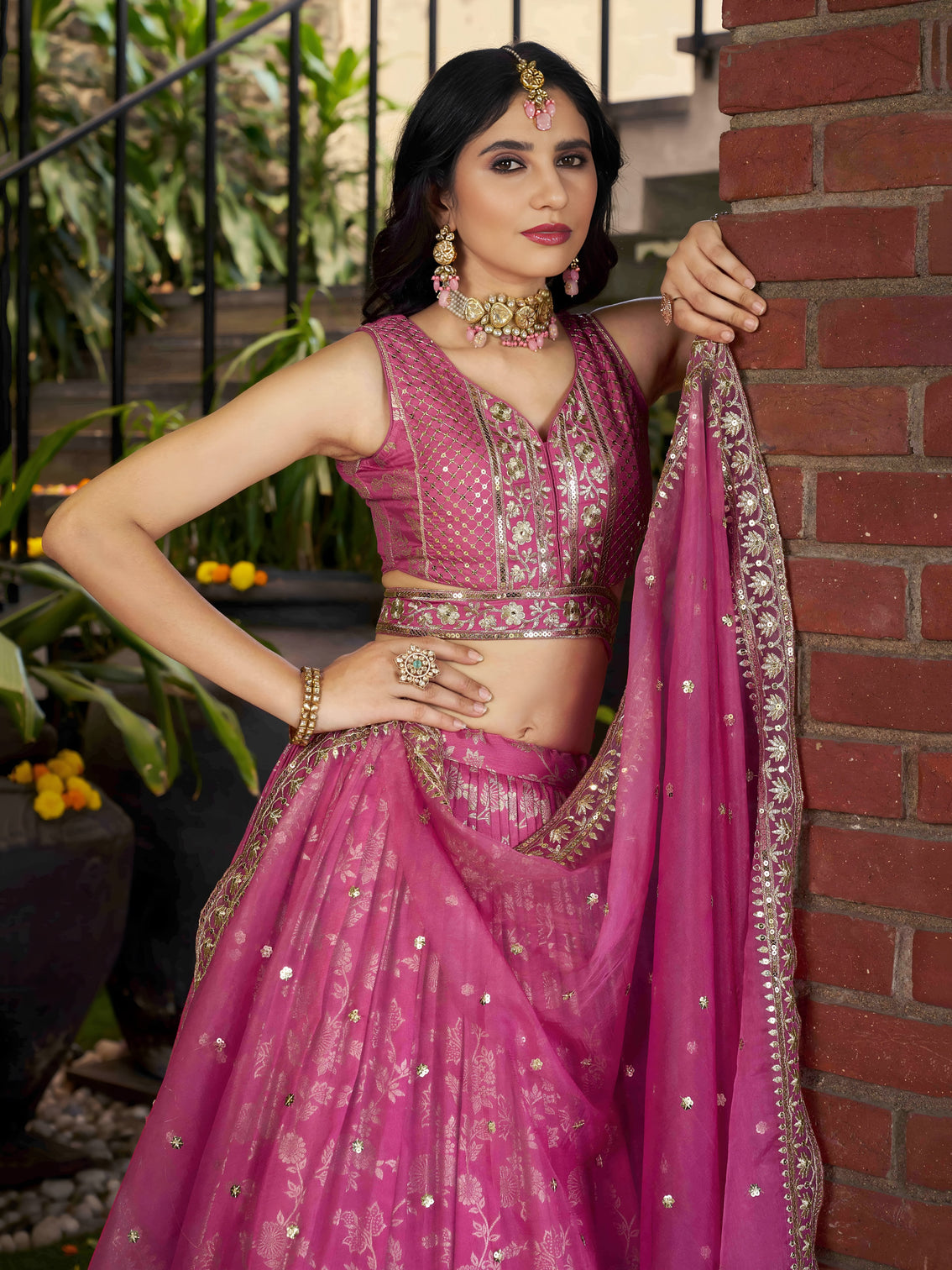 Pink Dola Silk Jacquard Embroidered Lehenga Choli