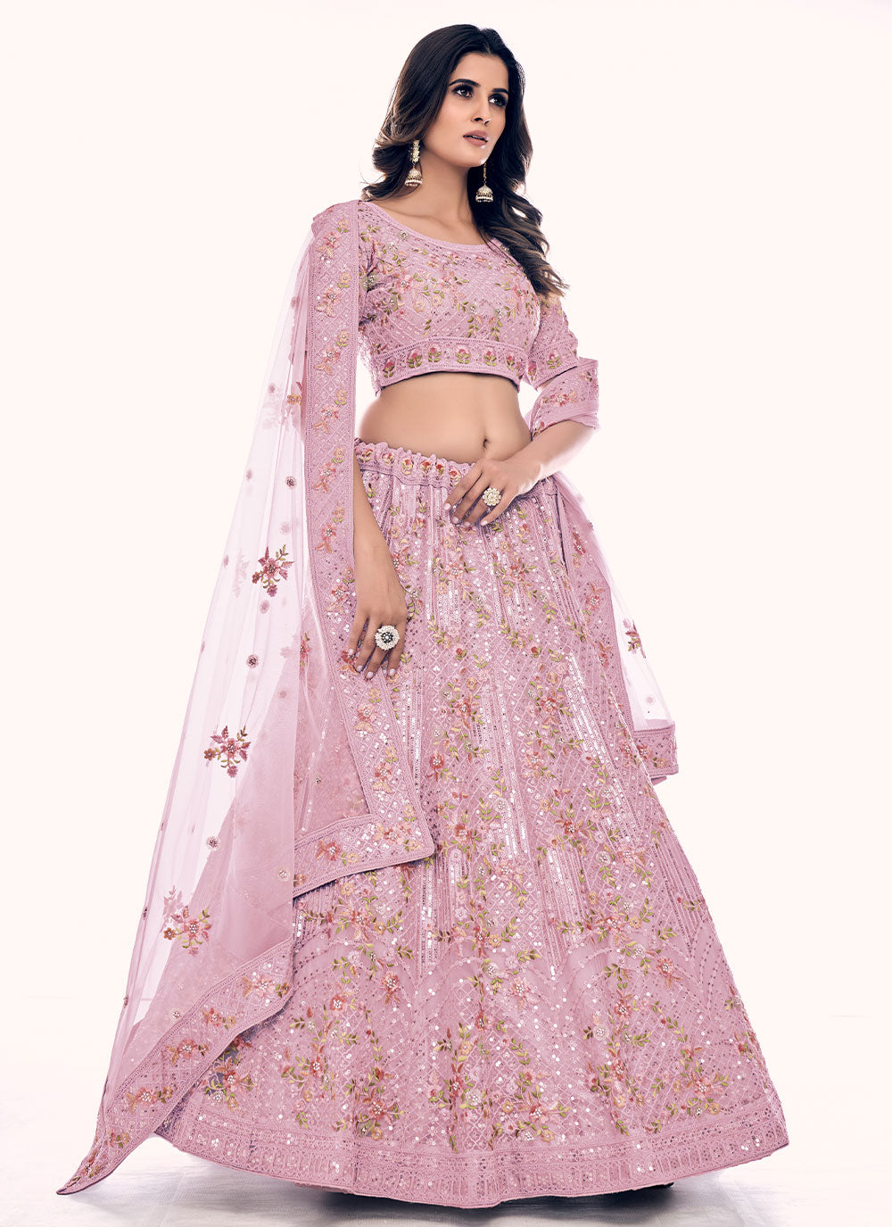 Pink Wedding Long Choli Lehenga