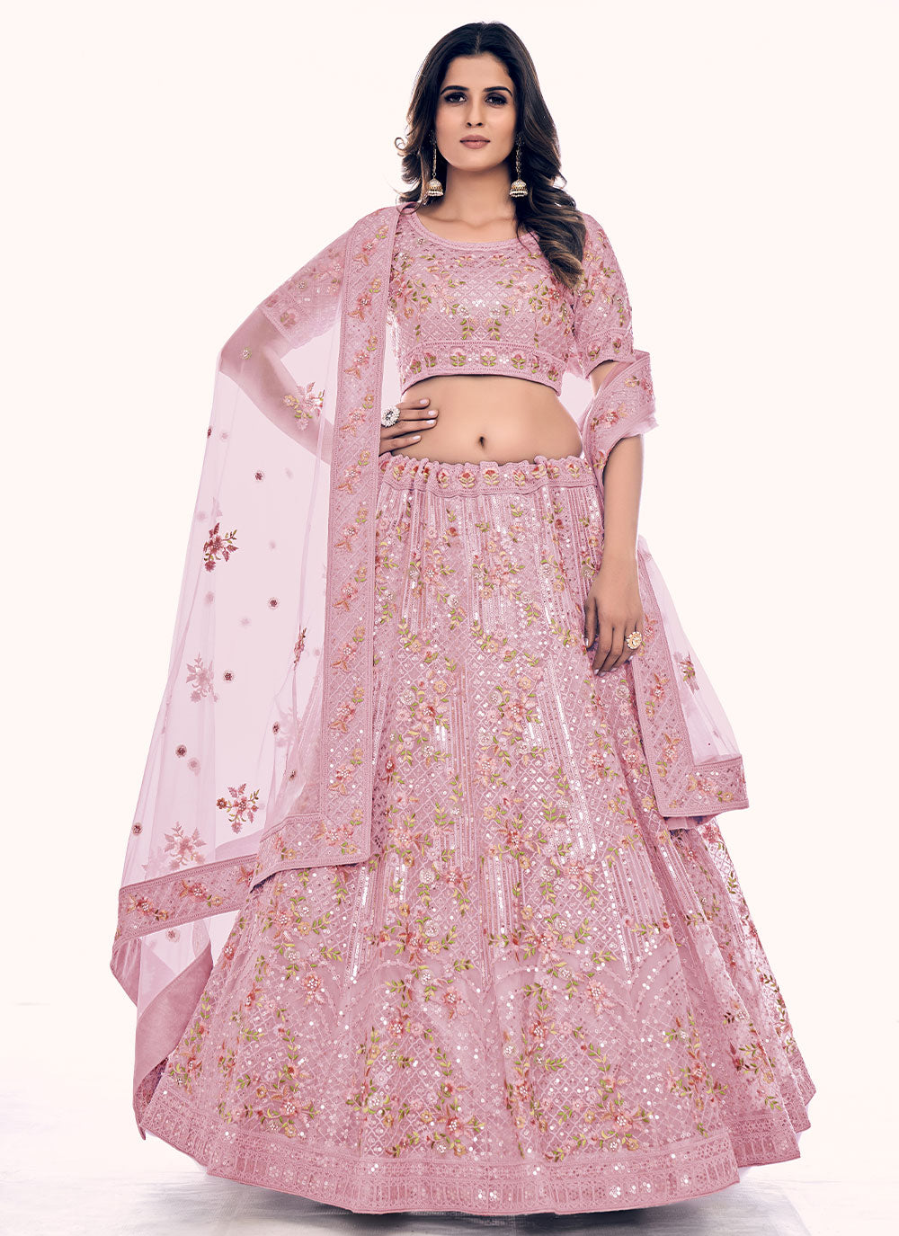 Pink Wedding Long Choli Lehenga