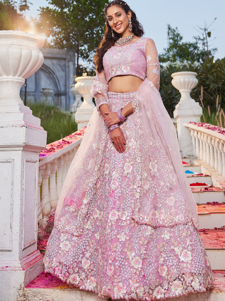 Pink Double Sequin Embroidered Net Lehenga Choli Dupatta Set with Mirror & Thread Work