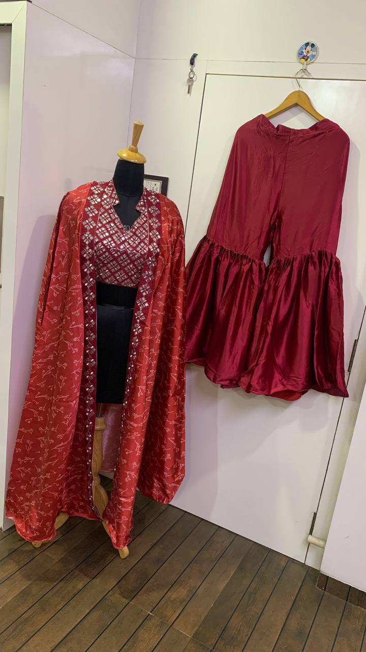 Pink Elegant 3-Piece Sharara Set with Slub Silk Koti & Thai Silk Blouse