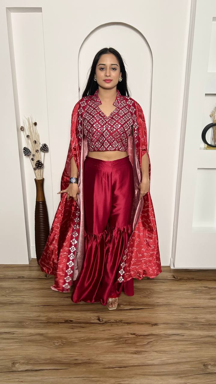 Pink Elegant 3-Piece Sharara Set with Slub Silk Koti & Thai Silk Blouse