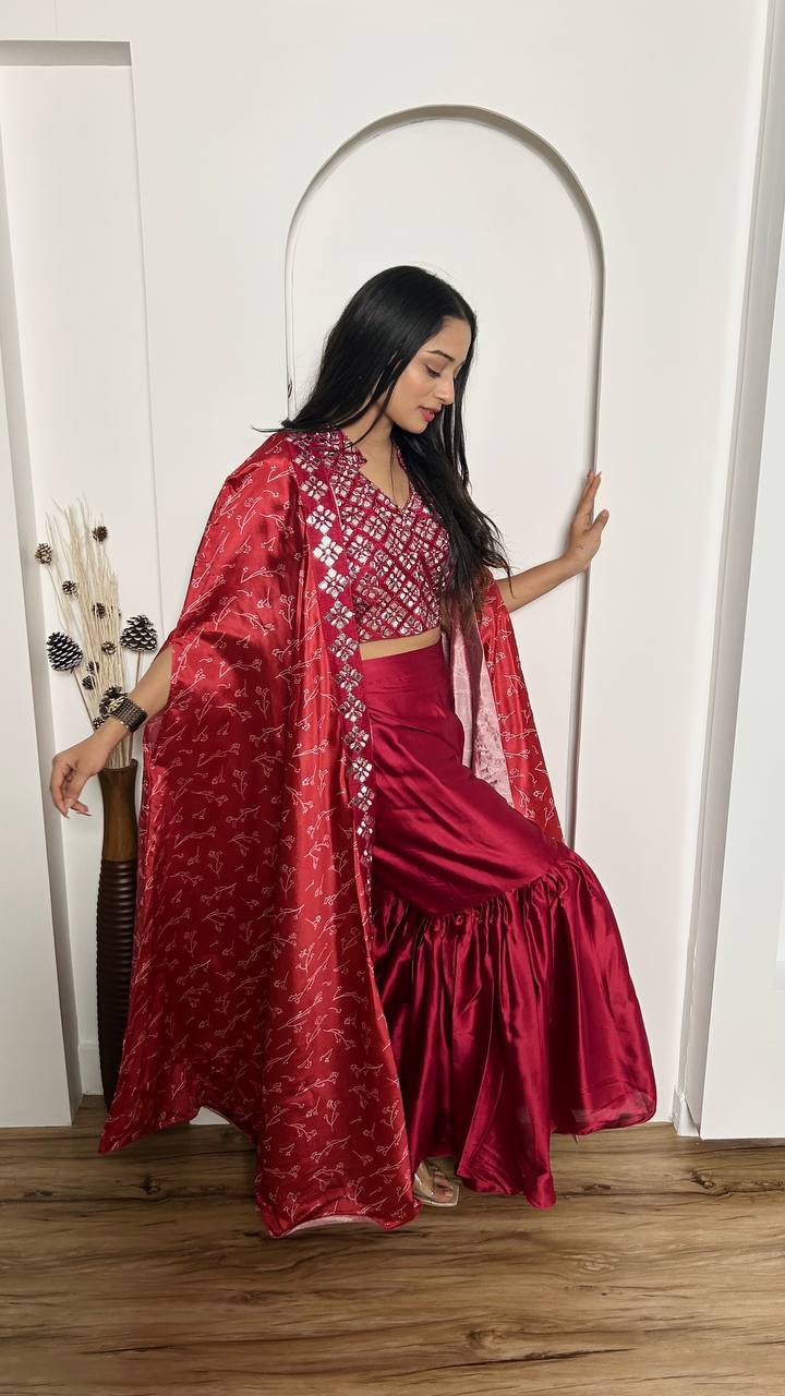 Pink Elegant 3-Piece Sharara Set with Slub Silk Koti & Thai Silk Blouse