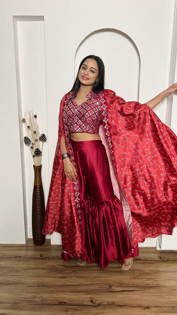 Pink Elegant 3-Piece Sharara Set with Slub Silk Koti & Thai Silk Blouse