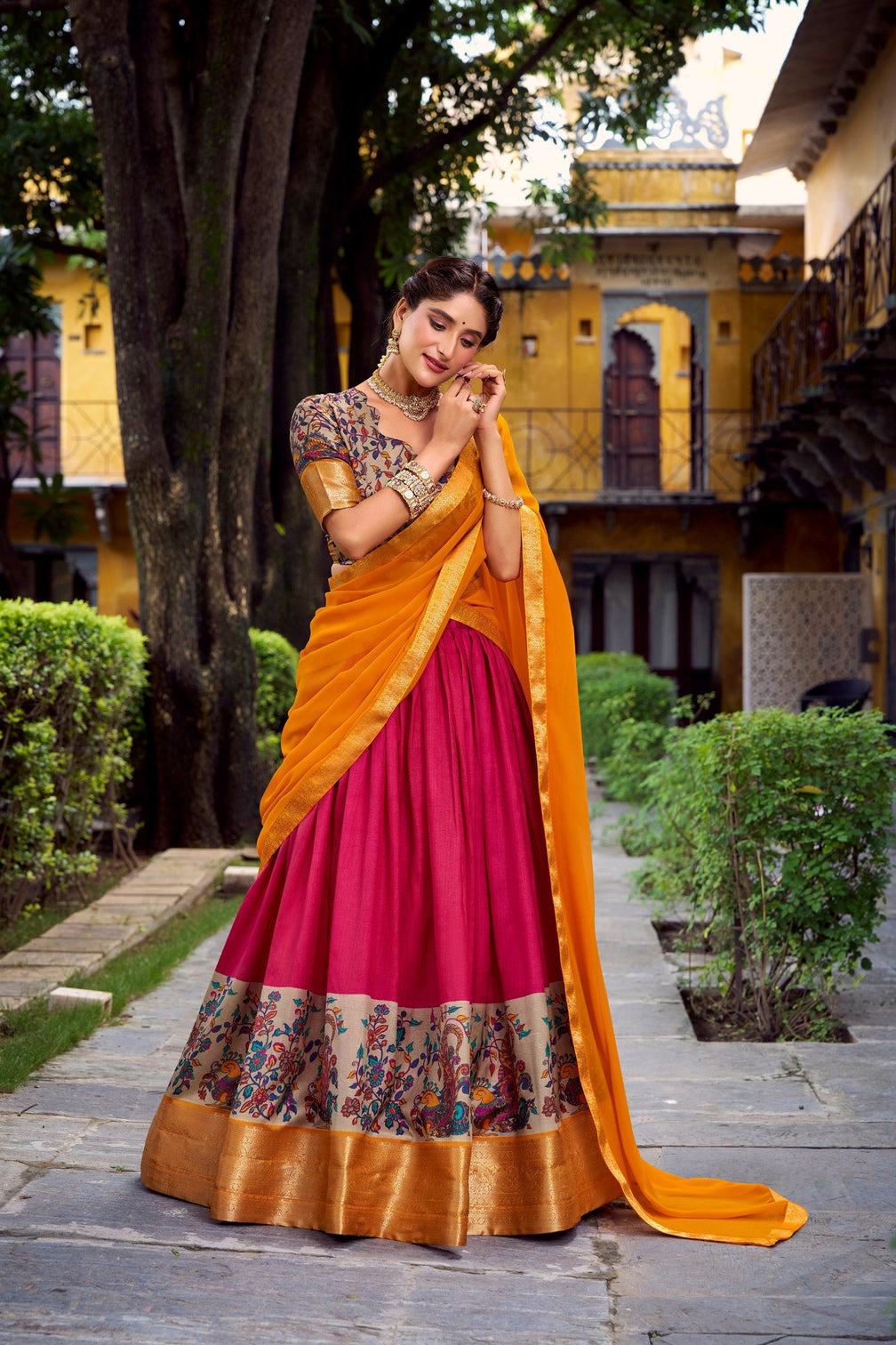 Pink Elegant Aastha Silk Printed Lehenga Choli Set with Zari Weaving and Georgette Dupatta – Stitched Ensemble