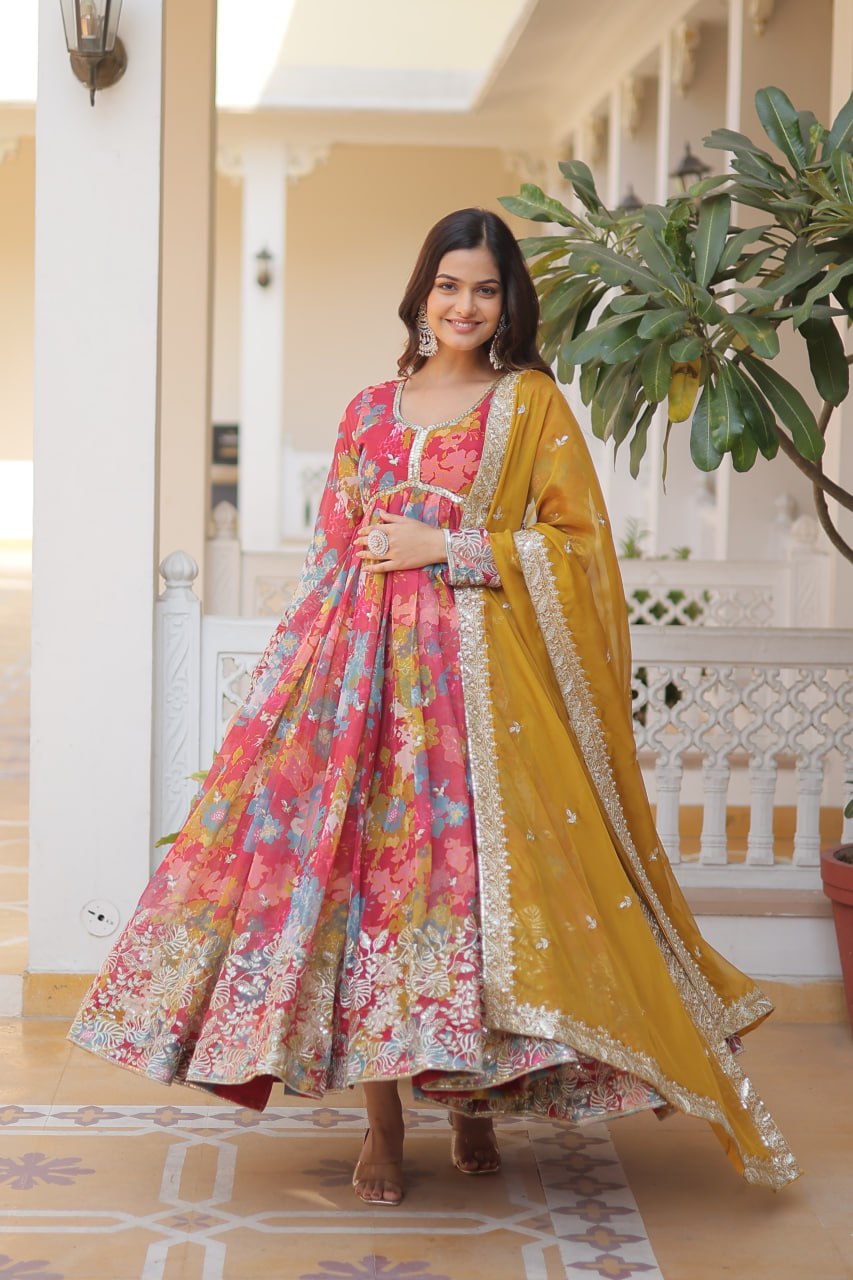 Pink Elegant Alia Cut Gown | Digital Print & Sequins | Readymade Luxury Look