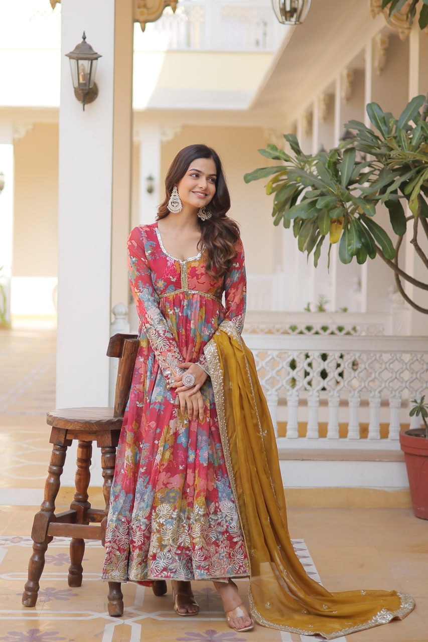 Pink Elegant Alia Cut Gown | Digital Print & Sequins | Readymade Luxury Look