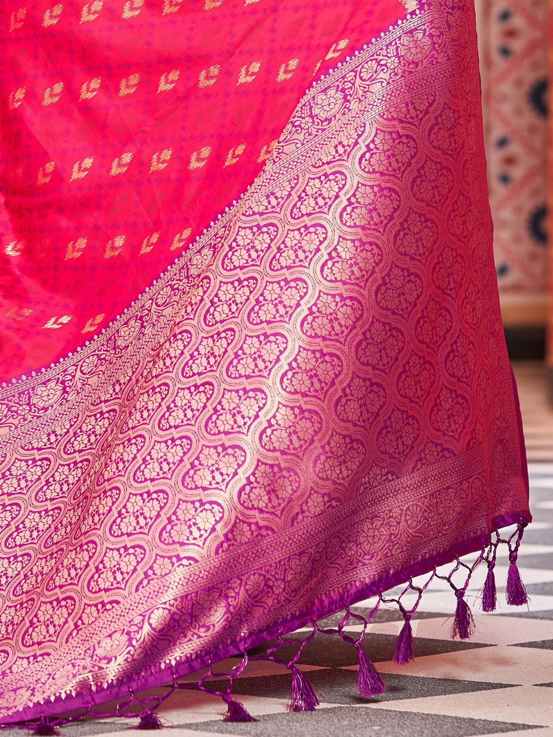 Pink Elegant Banarasi Tissue Silk Saree with Zari Woven Design