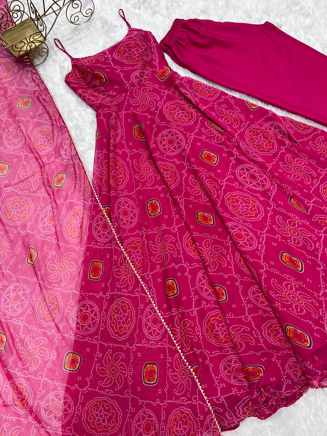 Pink Elegant Bandhej Chiffon Anarkali Gown Set – Lightweight & Stylish