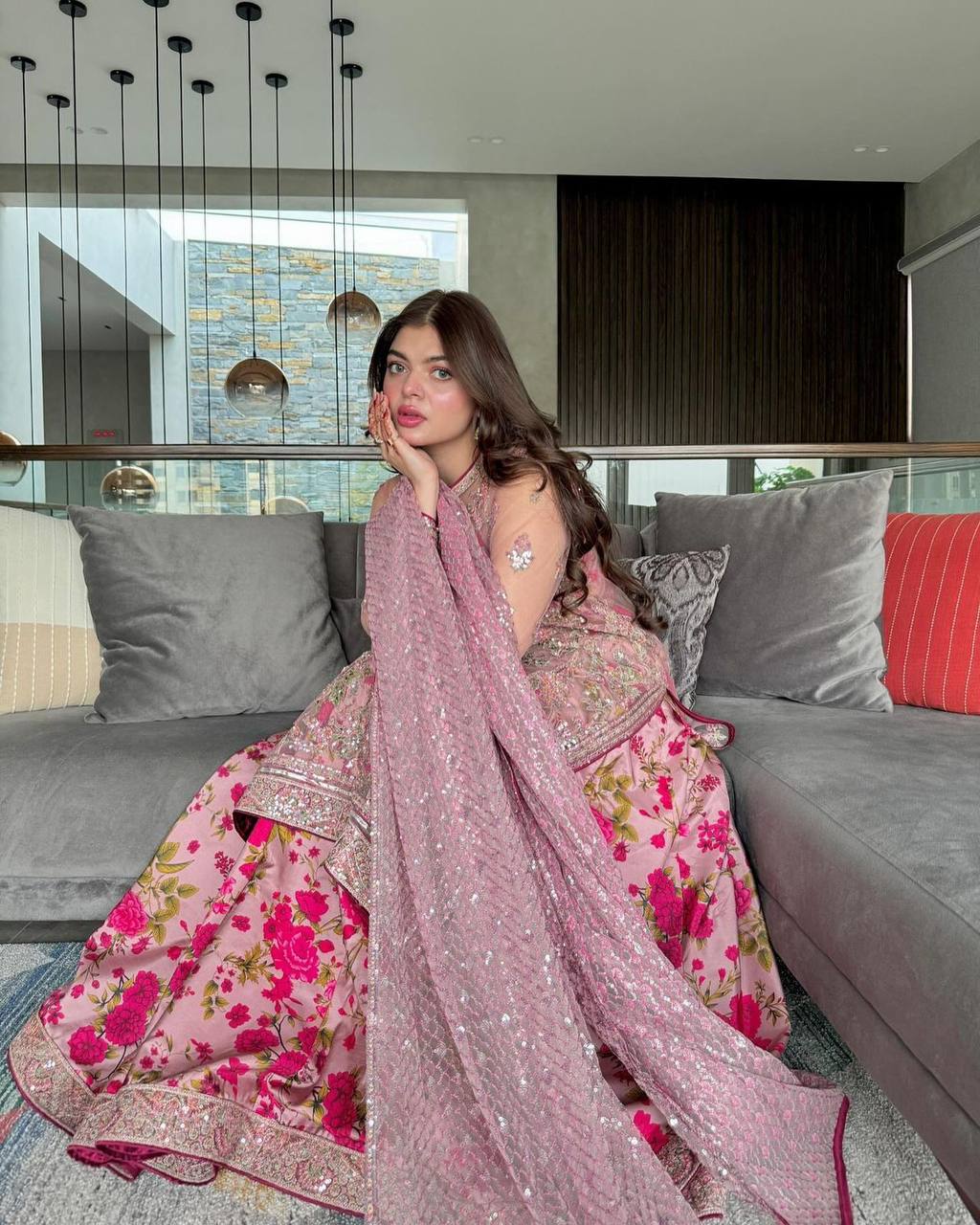 Pink Elegant Butterfly Net Designer Gown Set