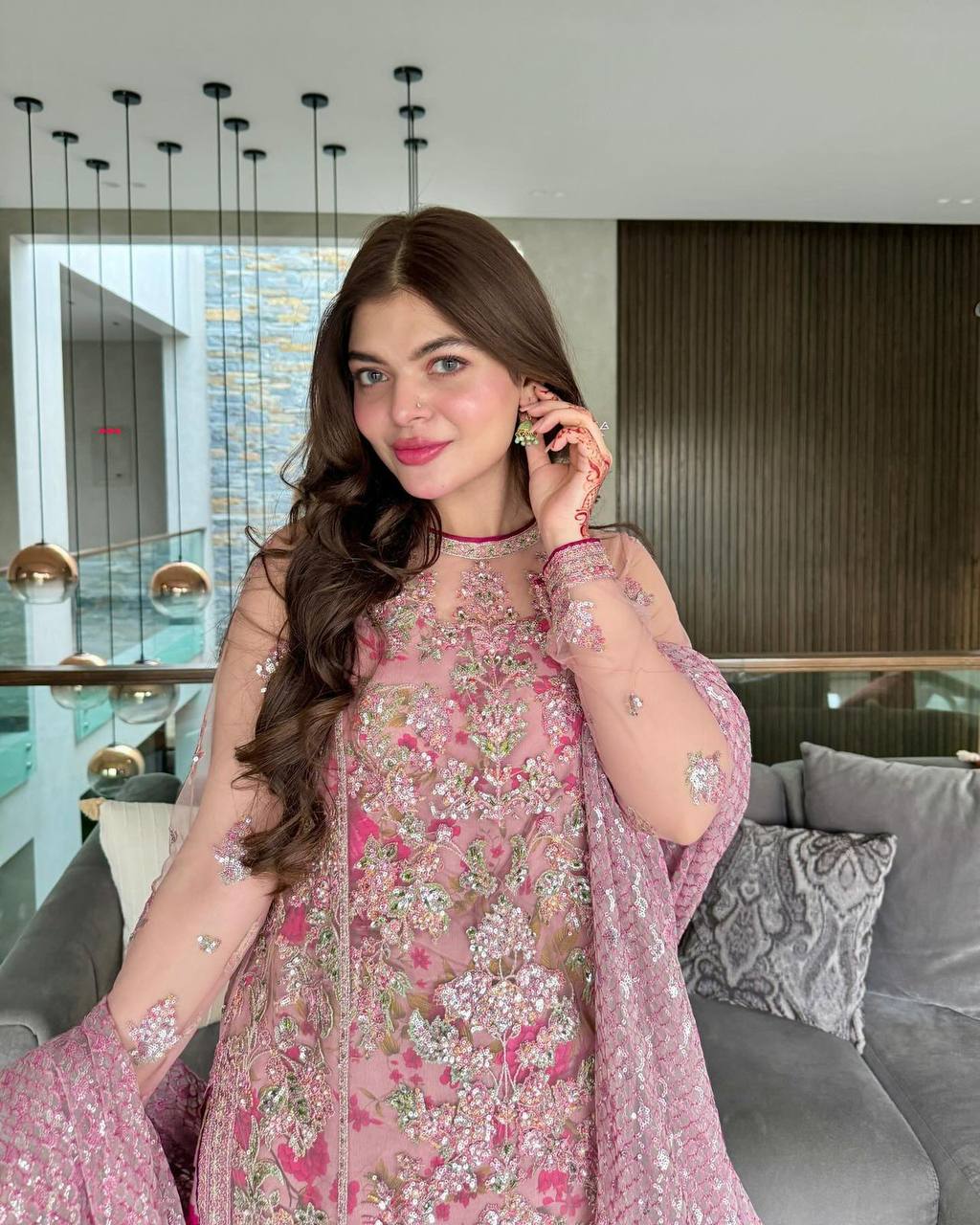 Pink Elegant Butterfly Net Designer Gown Set