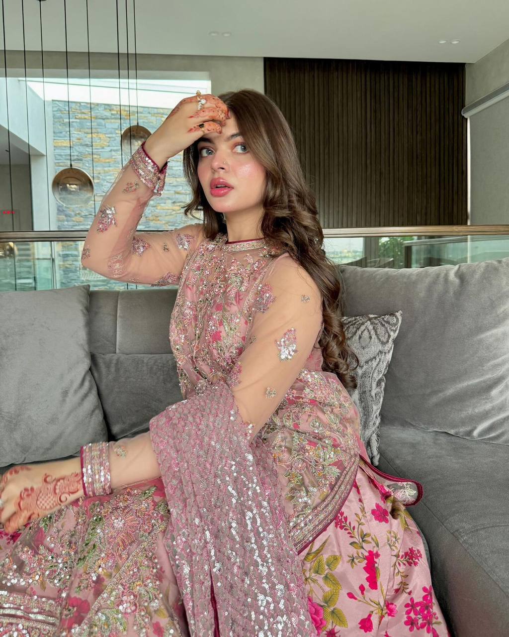 Pink Elegant Butterfly Net Designer Gown Set