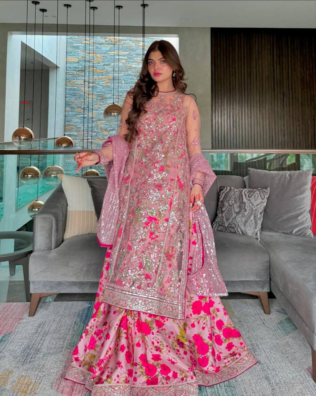 Pink Elegant Butterfly Net Designer Gown Set