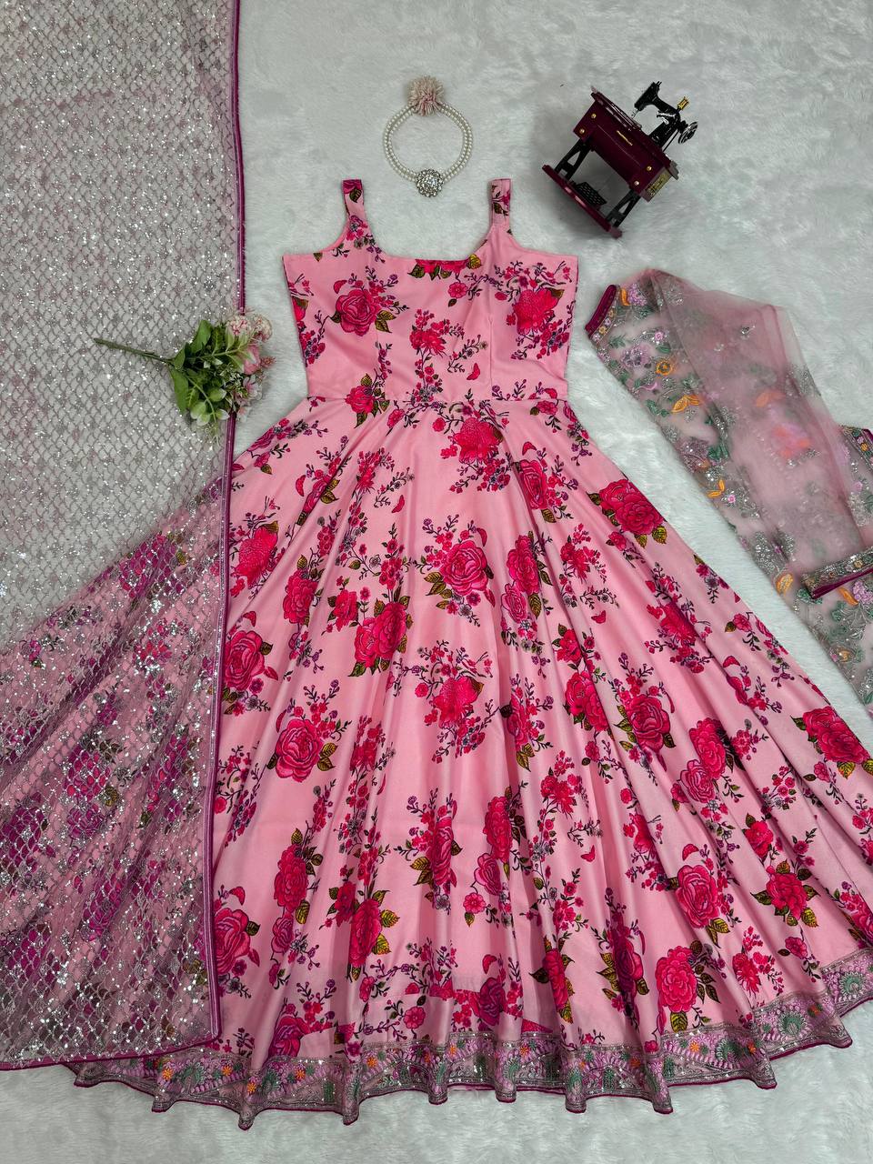 Pink Elegant Butterfly Net Designer Gown Set