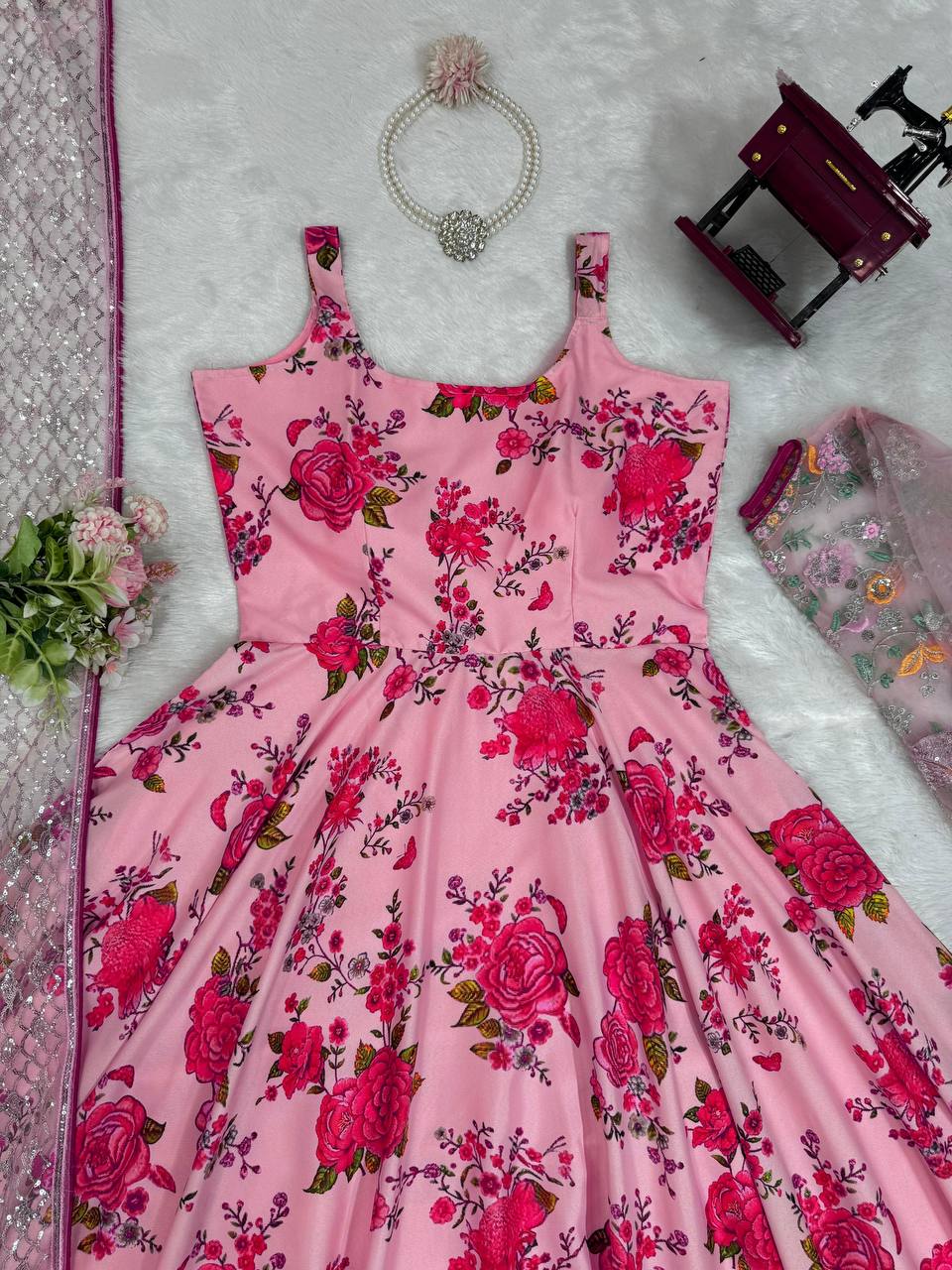 Pink Elegant Butterfly Net Designer Gown Set