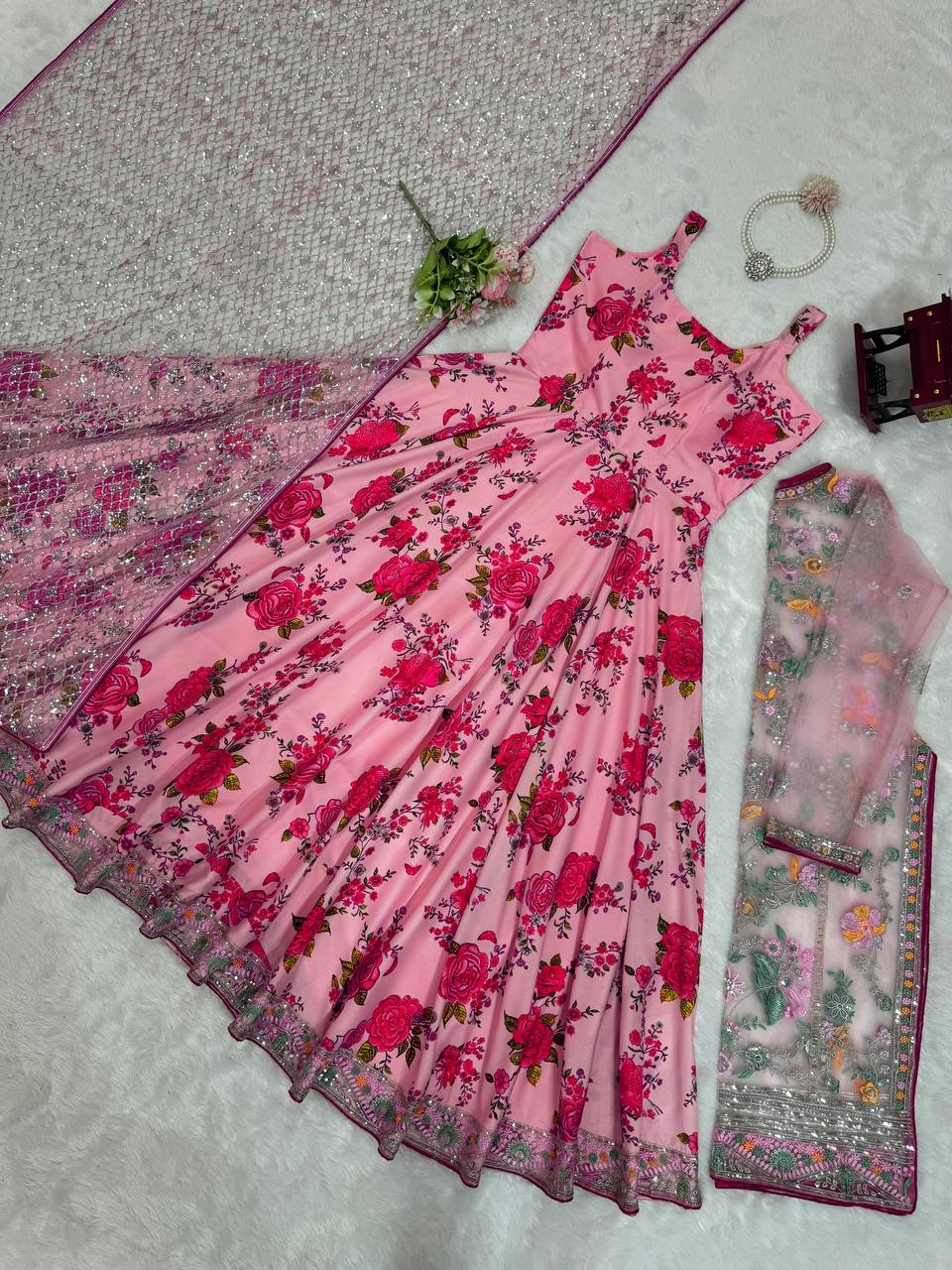 Pink Elegant Butterfly Net Designer Gown Set