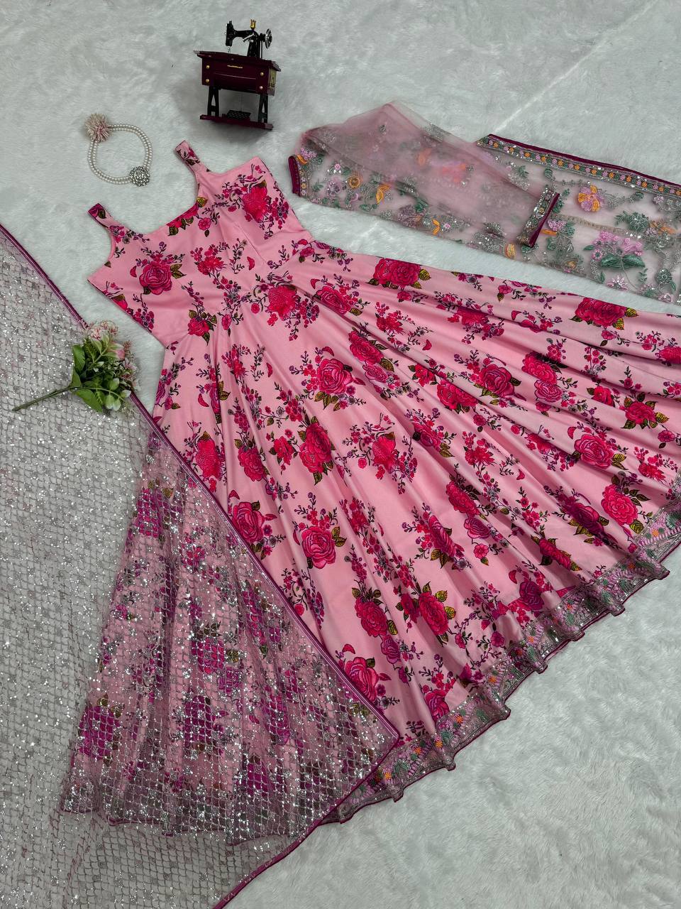 Pink Elegant Butterfly Net Designer Gown Set