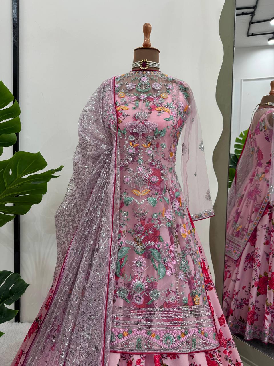 Pink Elegant Butterfly Net Designer Gown Set