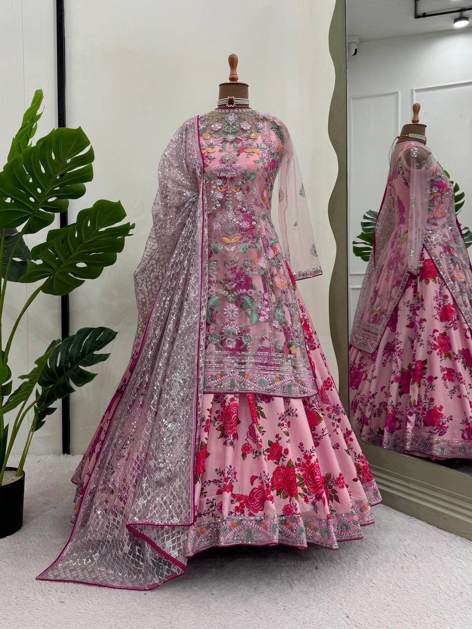 Pink Elegant Butterfly Net Designer Gown Set