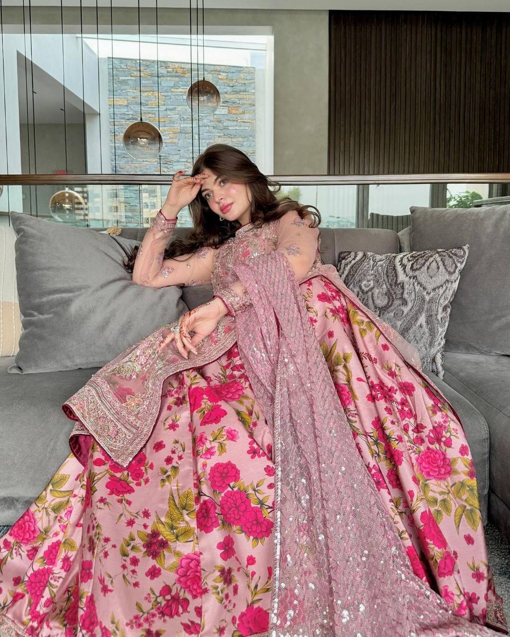 Pink Elegant Butterfly Net Designer Gown Set