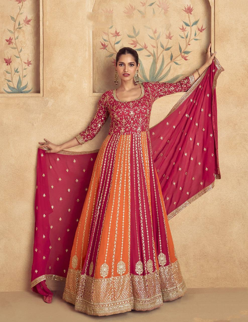 Pink Elegant Chinon Embroidered Gown with Dupatta