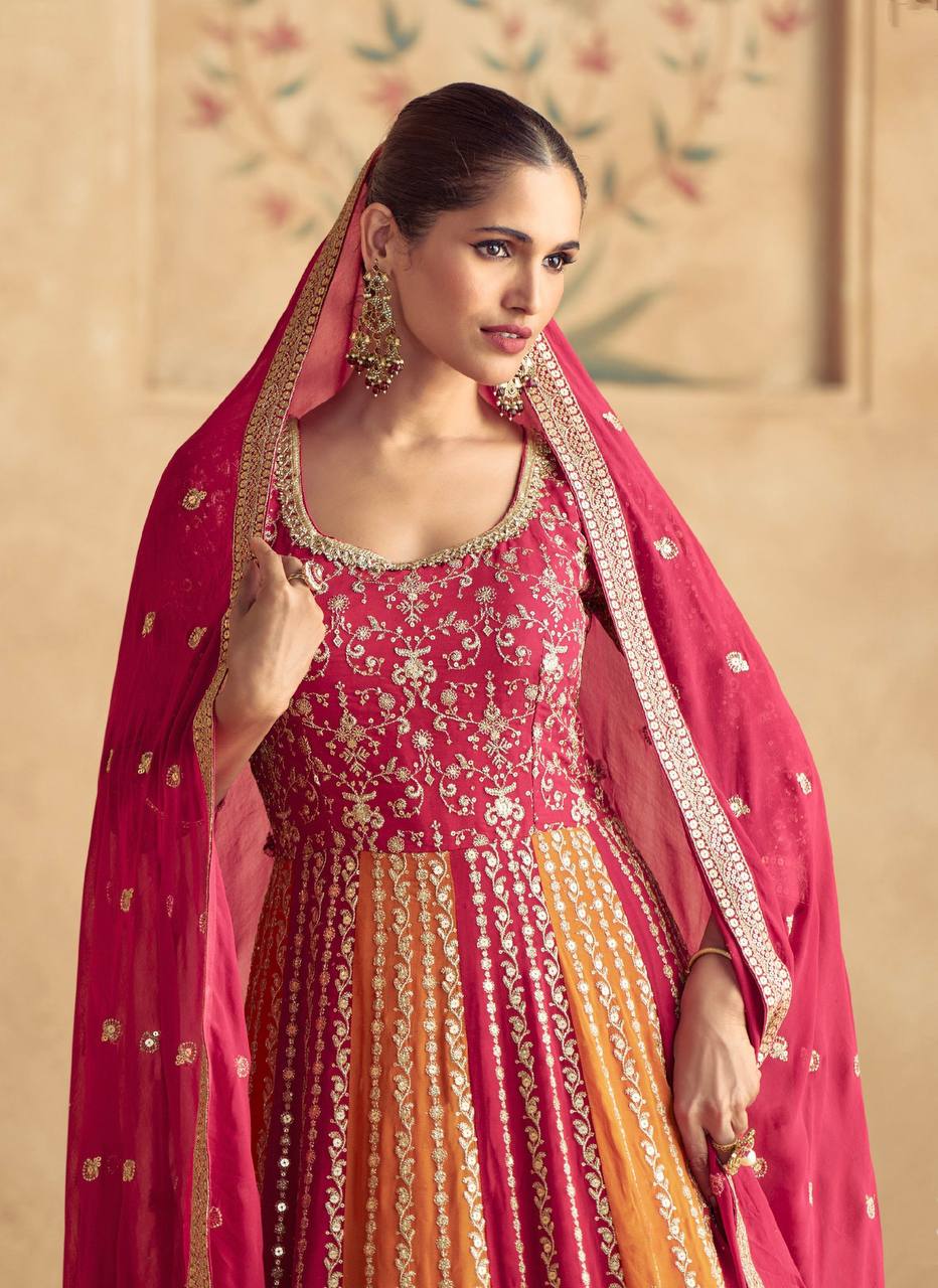 Pink Elegant Chinon Embroidered Gown with Dupatta