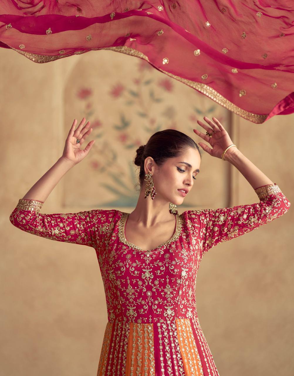 Pink Elegant Chinon Embroidered Gown with Dupatta