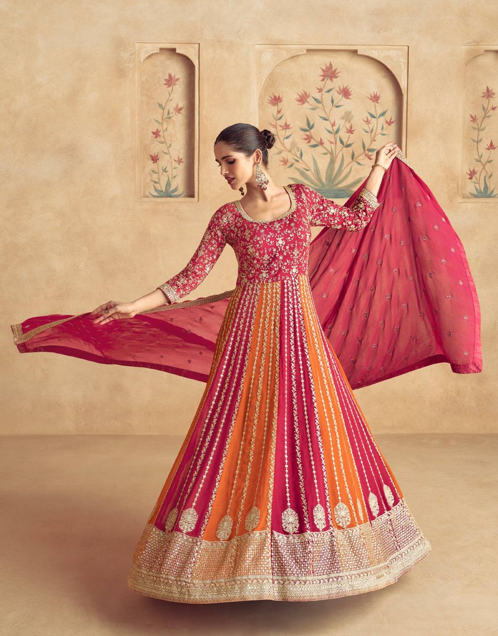 Pink Elegant Chinon Embroidered Gown with Dupatta