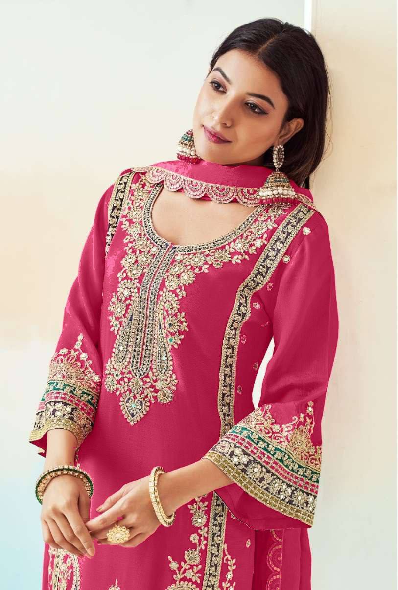 Pink Elegant Chinon Embroidered Suit Set with Dupatta