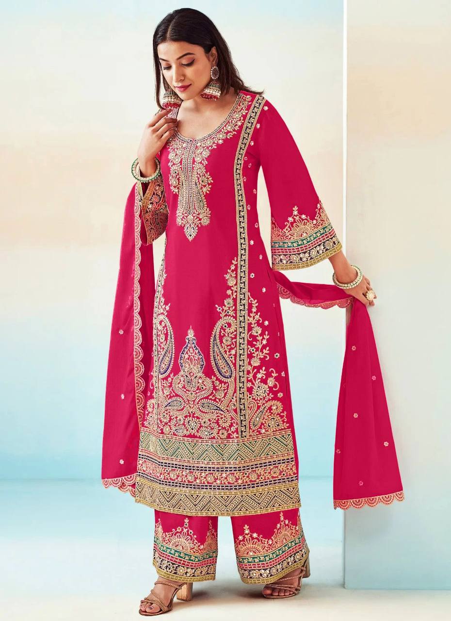 Pink Elegant Chinon Embroidered Suit Set with Dupatta