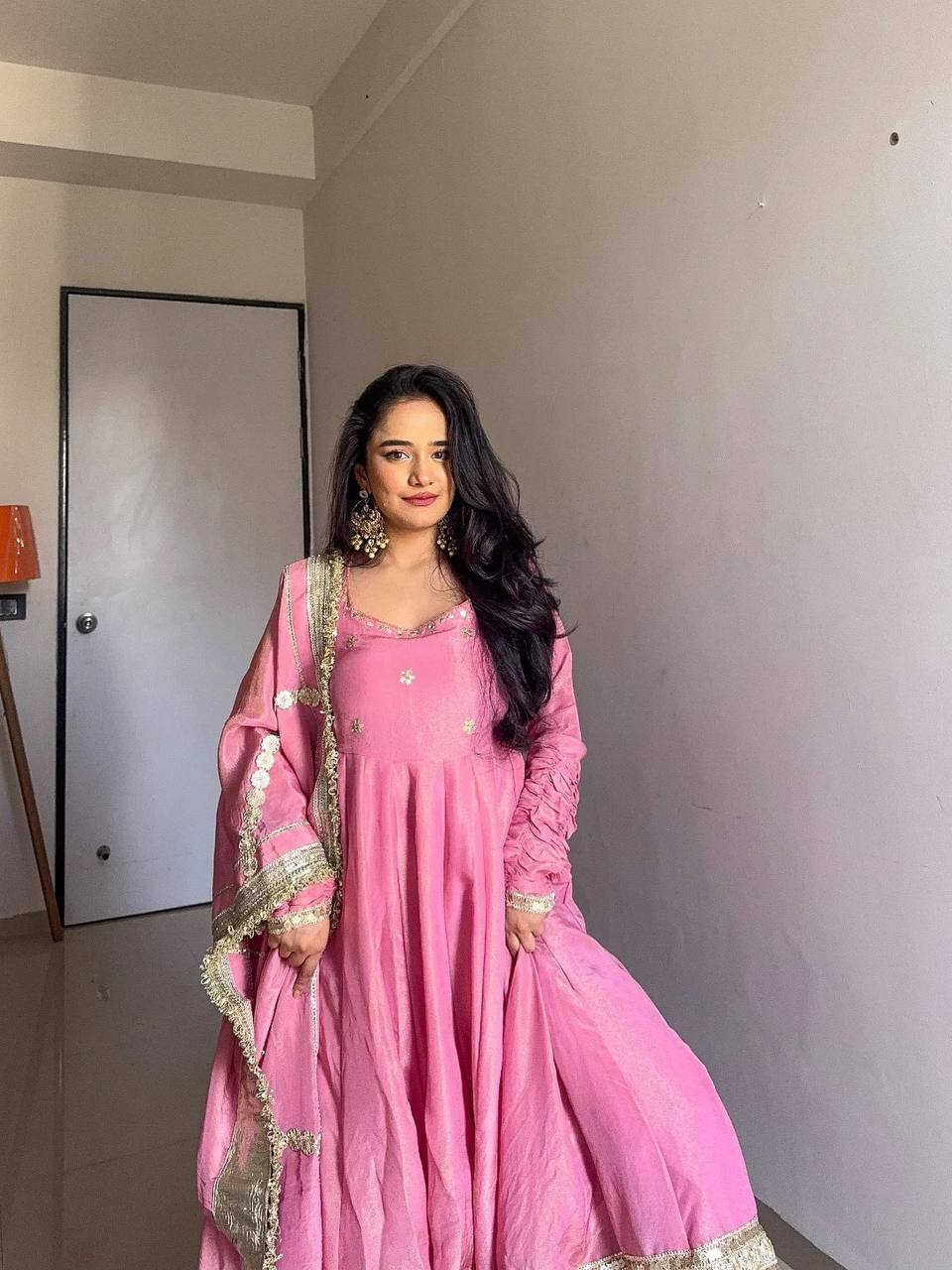 Pink Elegant Chinon Embroidered Suit Set