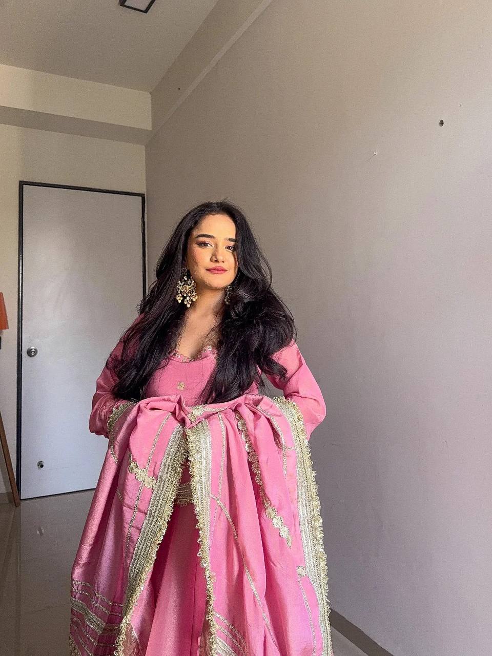 Pink Elegant Chinon Embroidered Suit Set