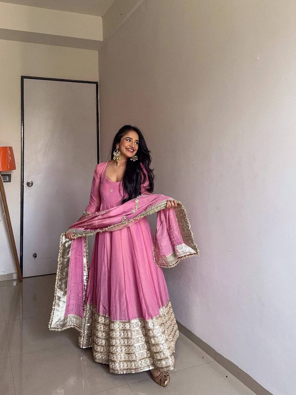 Pink Elegant Chinon Embroidered Suit Set