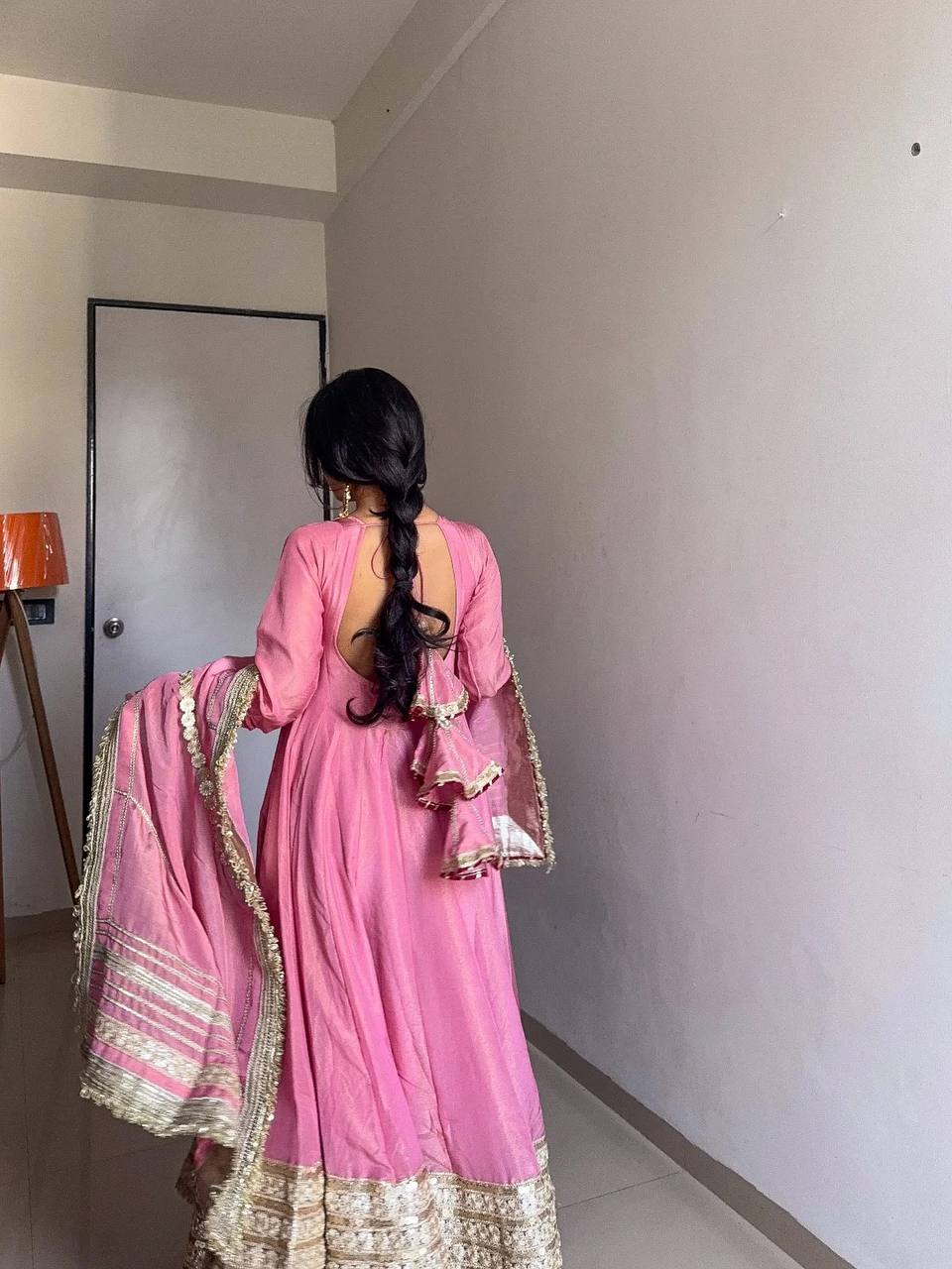 Pink Elegant Chinon Embroidered Suit Set