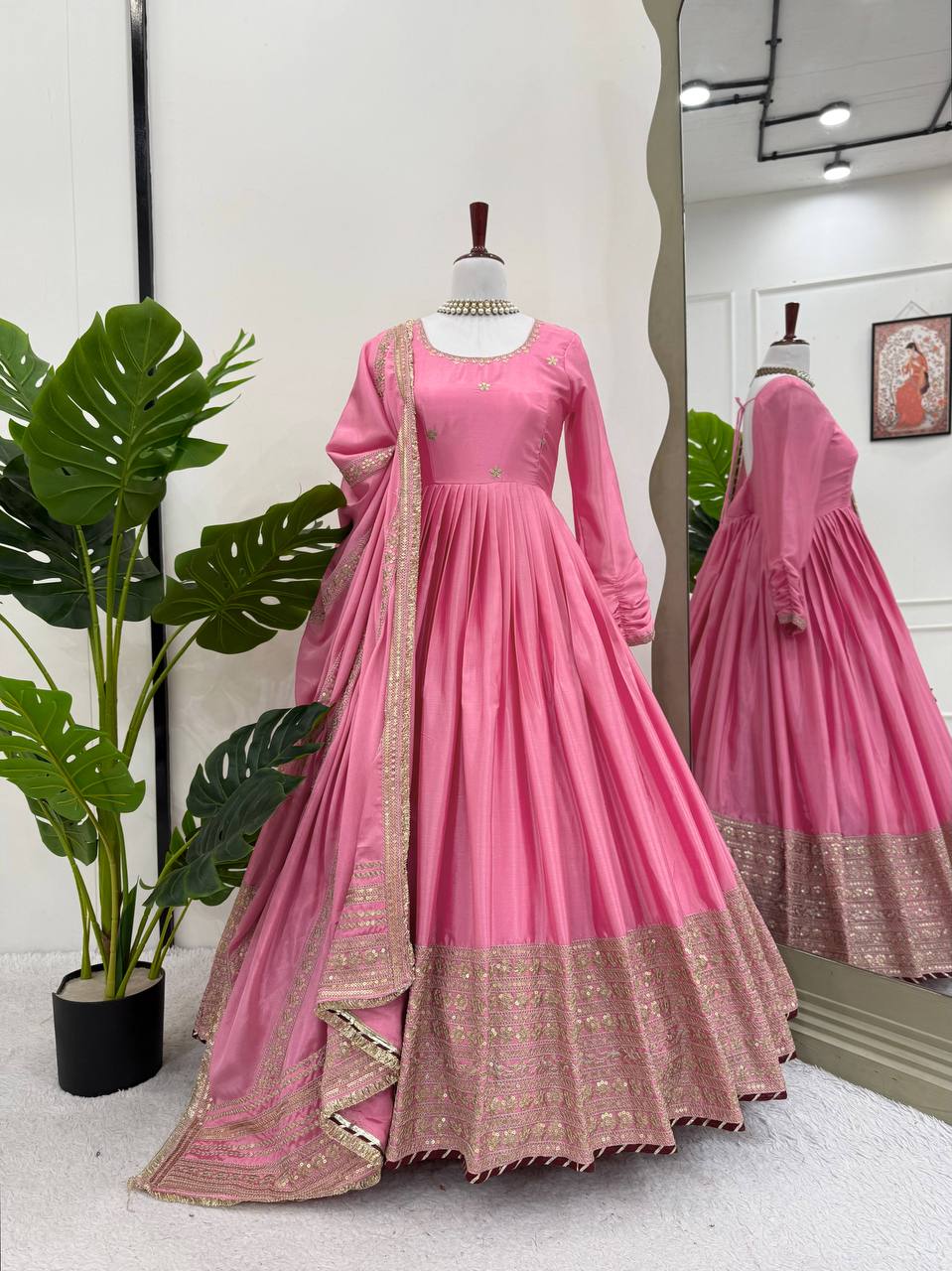 Pink Elegant Chinon Embroidered Suit Set