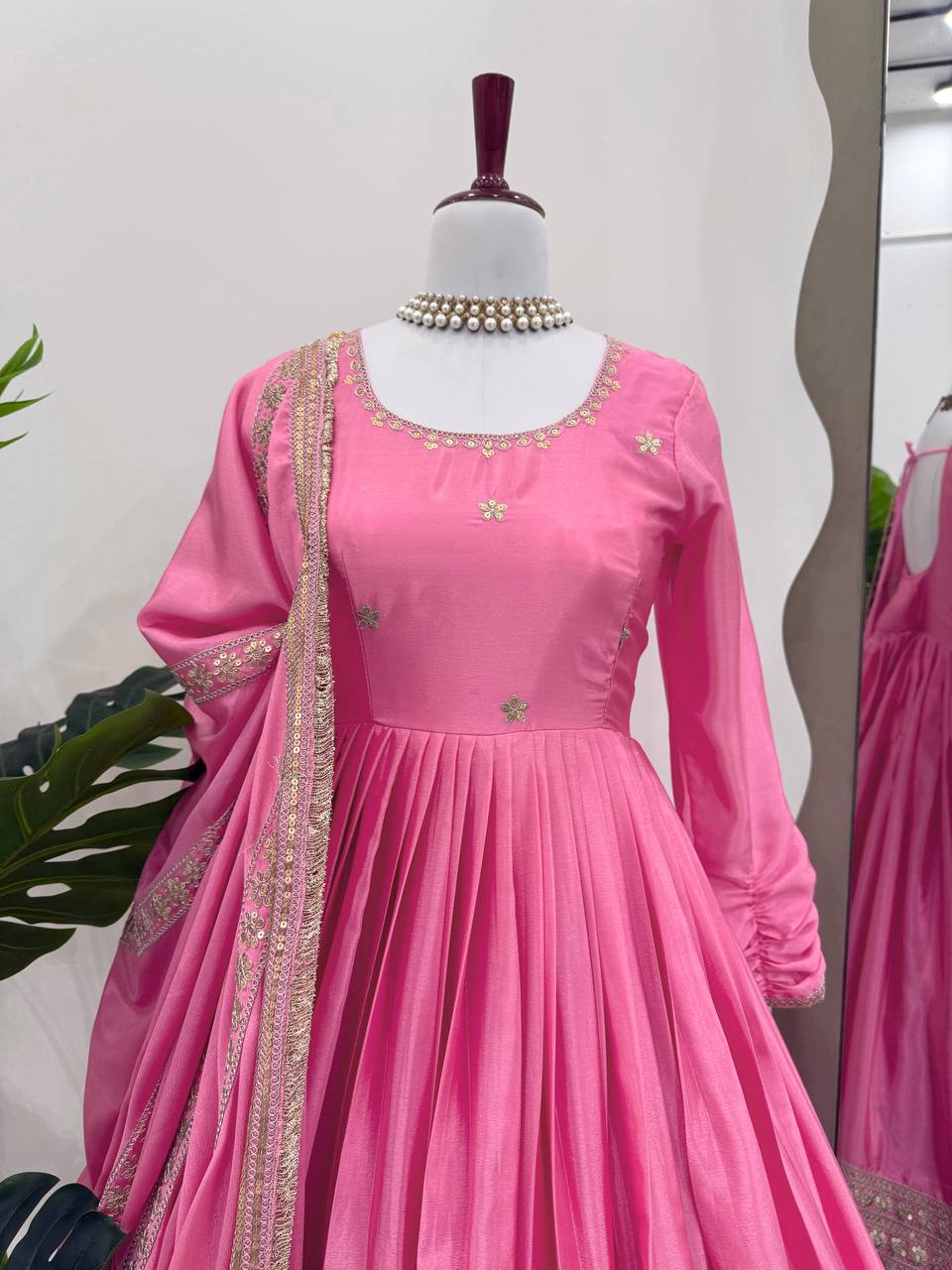 Pink Elegant Chinon Embroidered Suit Set