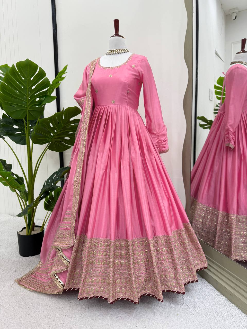 Pink Elegant Chinon Embroidered Suit Set
