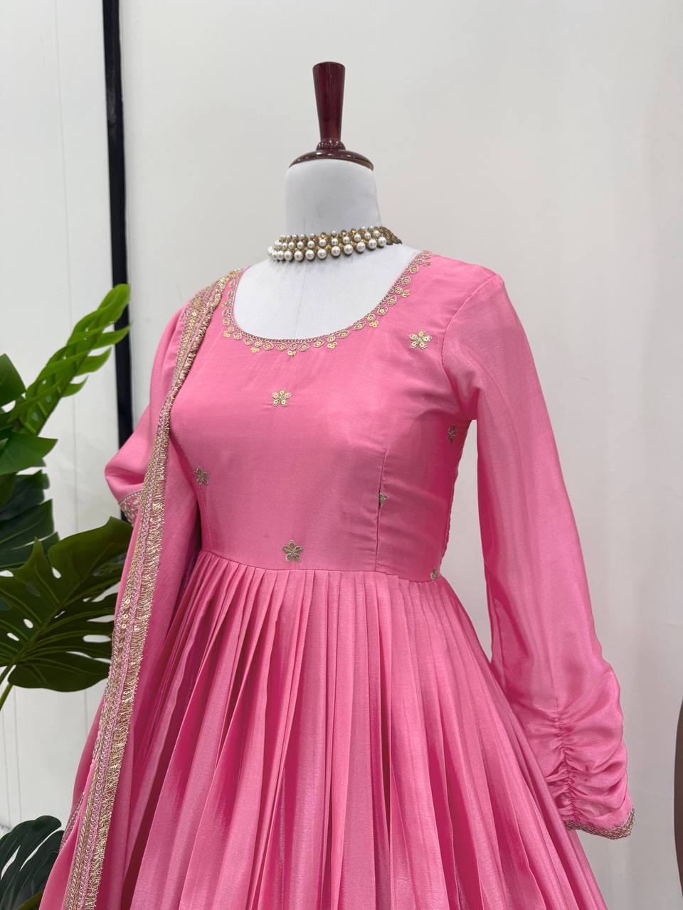 Pink Elegant Chinon Embroidered Suit Set