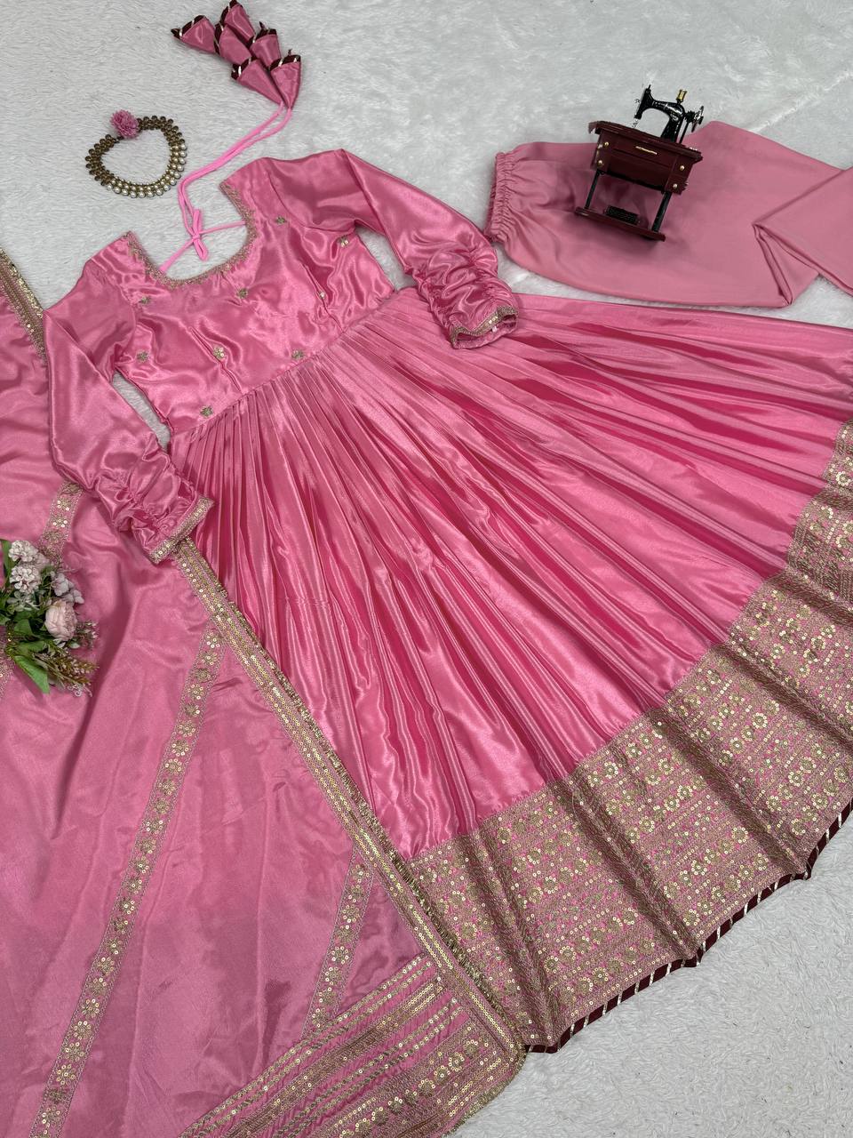 Pink Elegant Chinon Embroidered Suit Set